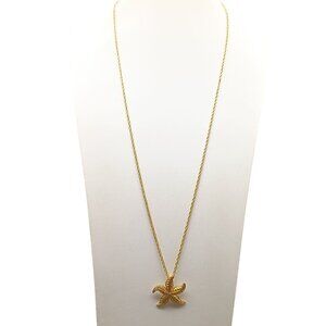Gold Starfish Pendant Necklace With Intricate Detailing & Long Chain - Vintage